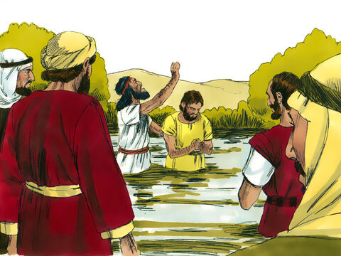 Pessoas de todas as partes foram ao deserto para ouvir a pregação de João. Muitos confessaram seus pecados e foram batizados por João no rio Jordão. – Slide número 3