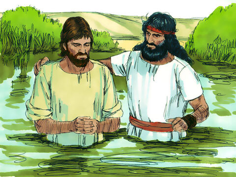 Mas Jesus insistiu: “Por favor, faça isso, pois devo fazer tudo o que é certo”. Então, João batizou Jesus. – Slide número 8
