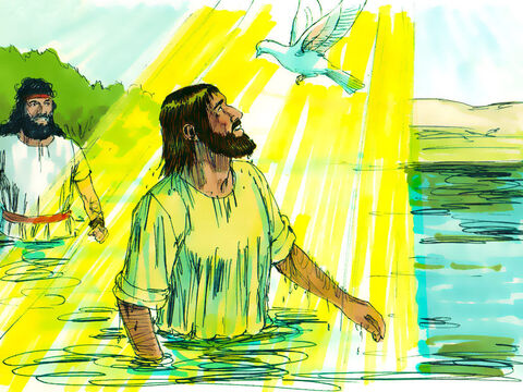 Assim que Jesus saiu da água, os céus se abriram e ele viu o Espírito de Deus descendo na forma de uma pomba. Uma voz do céu disse: “Este é o meu Filho amado, em quem me comprazo”. João disse às pessoas: “Quando Deus me enviou para batizar, ele me disse: ‘Quando você vir o Espírito Santo descendo e repousando sobre alguém — Ele é quem você está procurando. Ele é aquele que batiza com o Espírito Santo’. Eu vi isso acontecer com Jesus e testifico que Ele é o Filho de Deus”. – Slide número 9