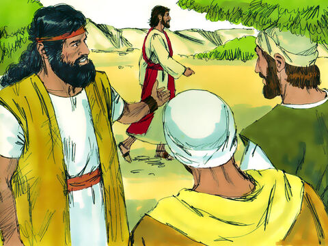 No dia seguinte, quando João estava com dois de seus discípulos, Jesus passou. João olhou para ele atentamente e então declarou: “Olhem! Eis o Cordeiro de Deus que tira o pecado do mundo”. – Slide número 10