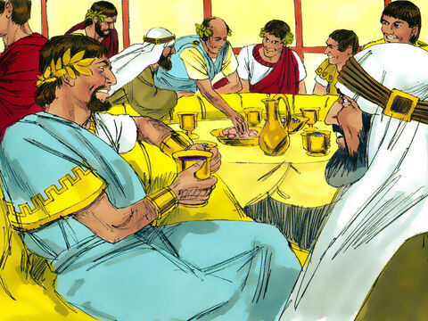 Em seu aniversário, Herodes Antipas ofereceu um banquete para seus altos funcionários, comandantes militares e líderes da Galileia. – Slide número 5
