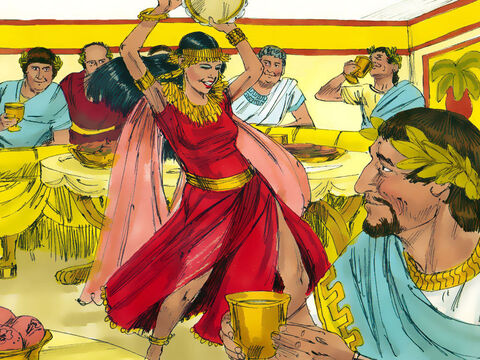Na festa, Salomé, filha de Herodias, dançou para os convidados do banquete. Sua dança cativou a todos e agradou Herodes Antipas, que queria recompensá-la. – Slide número 6
