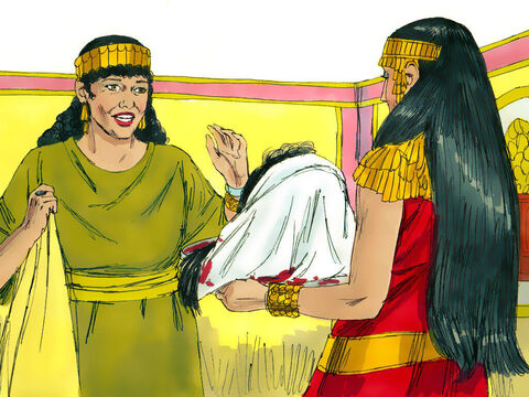 O carrasco trouxe a cabeça de João em uma bandeja para mostrar aos convidados no banquete. Herodes o apresentou a Salomé, que o deu à sua mãe. – Slide número 11