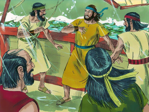 A tempestade continuou piorando. Por fim, Jonas confessou aos marinheiros: "Esta tempestade é minha culpa, pois fugi do Senhor. Jogue-me no mar e ela vai se acalmar”. – Slide número 7