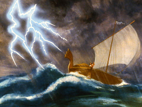 Enquanto Jonas dormia, Deus levantou uma tempestade tão forte, que os marinheiros nunca haviam visto antes. – Slide número 15