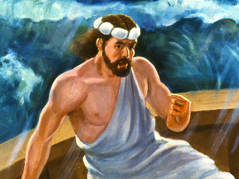 Jonas confessou-lhes o que ele havia feito e implorou que eles o lançassem no mar antes que todos morressem. – Slide número 22