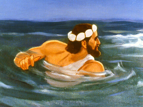 Enquanto Jonas se debatia no mar, Deus enviou um grande peixe que Ele havia separado. – Slide número 24