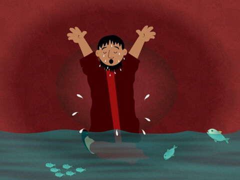 Jonas agora estava dentro da barriga do peixe. Ele começou a agradecer a Deus por salvá-lo de se afogar no mar. Ele percebeu que era tolice tentar fugir de Deus. – Slide número 7
