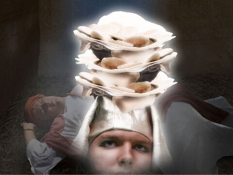 – Sobre minha cabeça estavam três cestos de pão. No cesto de cima, havia todos os tipos de pão e doces para Faraó... – Slide número 20