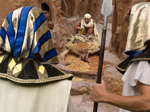 José abriu os celeiros e vendeu os grãos aos Egípcios. – Slide número 6