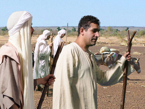 Assim, os dez irmãos partiram para a longa jornada para o Egito. – Slide número 10