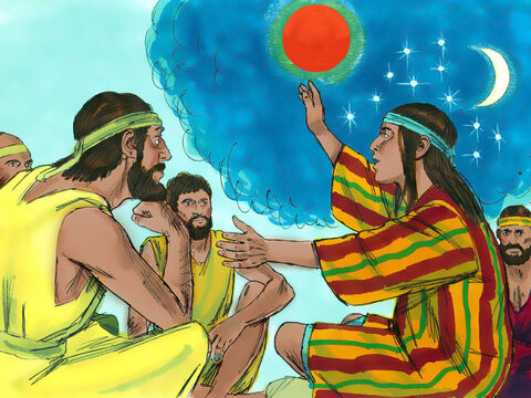 Mais tarde, José compartilhou outro sonho com eles: “Ouçam”, disse ele, “Desta vez, o sol, a lua e onze estrelas estavam se curvando para mim”. – Slide número 5