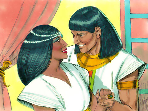 José, agora com 30 anos, recebeu um novo nome egípcio, Zafenate-Paneia. O faraó também lhe deu uma esposa, cujo nome era Asenate. José então se encarregou de toda a terra do Egito. – Slide número 14