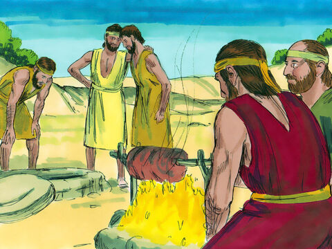 Quando se sentaram para comer, viram uma caravana de comerciantes ismaelitas vindo de Gileade. Seus camelos estavam carregados com especiarias, bálsamo e mirra, que estavam levando para o Egito. – Slide número 12