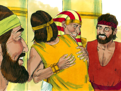 Chorando de alegria, ele abraçou Benjamin. Então José beijou cada um de seus irmãos e chorou com eles. Depois disso, os irmãos começaram a conversar livremente com ele. – Slide número 17