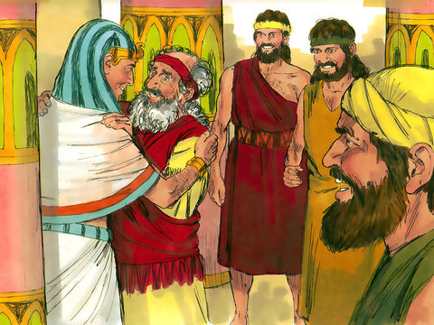 José viajou para Gósen para encontrar seu pai. Eles se abraçaram e José chorou, agarrando seu pai por um longo tempo. – Slide número 21