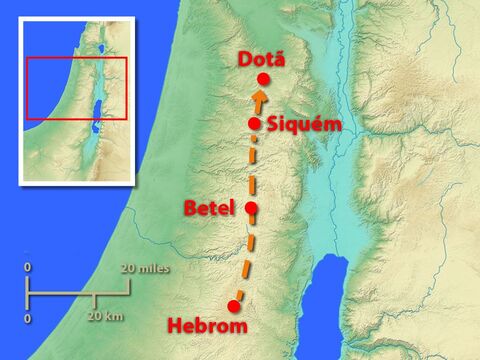 Este mapa mostra a localização de Dotã, uma caminhada de cerca de 16 km mais ao norte. – Slide número 5