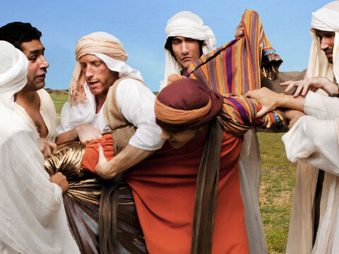 Gênesis 37:23–24 Os irmãos de José o agarraram e arrancaram sua túnica especial. – Slide número 9