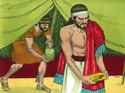 Josué enviou homens para fazerem uma busca e eles encontraram os bens roubados. Eles colocaram-nos no chão na presença do Senhor. – Slide número 13
