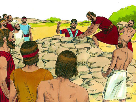 Colocaram um montão de pedras por cima de Acã. Desde então, aquele lugar passou a chamar-se o Vale da Aflição. Depois disto, o Senhor deixou de estar zangado com os Israelitas. – Slide número 15