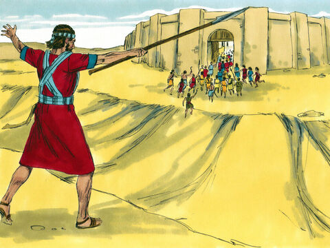 Então o Senhor disse a Josué: “Aponte a lança em sua mão em direção a Ai, pois vou entregar a cidade a você”. Josué obedeceu. – Slide número 8