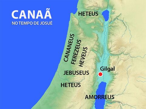 Os reis dos heteus, amorreus, cananeus, perizeus, heveus e jebuseus começaram a planejar como eles poderiam combinar seus exércitos para lutar contra os israelitas. – Slide número 2