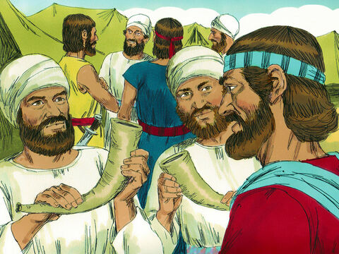 Josué instruiu os sacerdotes para prepararem a Arca da Aliança e escolherem sete para irem à frente com as trombetas. – Slide número 3