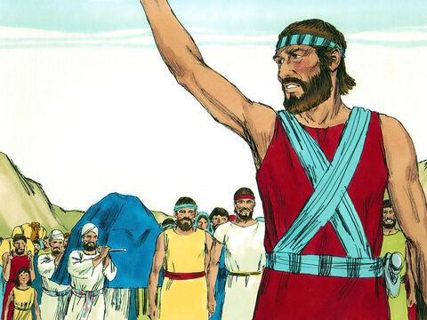 De manhã cedo, Josué guiou os Israelitas até ao Rio Jordão, onde eles acamparam. – Slide número 1