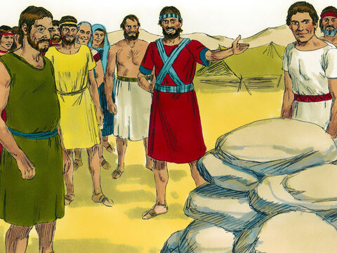 Josué disse aos doze homens para colocarem as grandes rochas que trouxeram do leito do rio num local chamado Gilgal, como um memorial. – Slide número 7