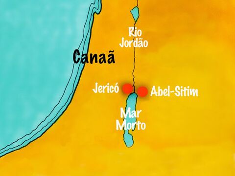 (Josué 1) Depois que Moisés morreu”, Josué e o povo acamparam em Abel-Sitim, na margem leste do Rio Jordão. – Slide número 2