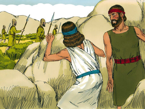 Os dois homens esconderam-se nos montes em torno de Jericó, até o caminho ficar livre para eles atravessarem o Rio Jordão e regressar ao acampamento dos Israelitas. – Slide número 18