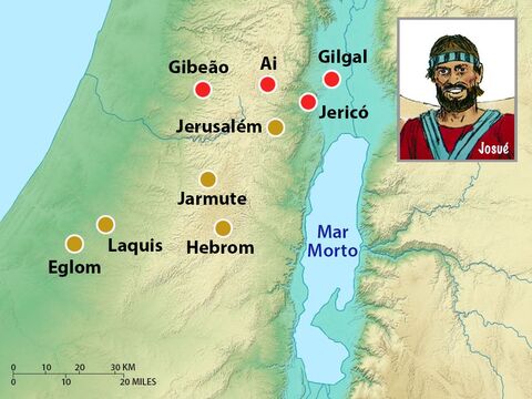 O rei Adoni-Zedeque de Jerusalém enviou mensageiros a vários outros reis: Hoão de Hebrom, Pirã de Jarmute, Jafia de Laquis e Debir de Eglom. Eles concordaram em combinar seus exércitos para atacar Gibeão. – Slide número 3