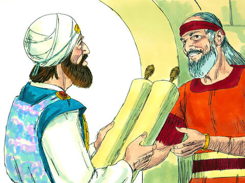 Um entusiasmado Hilquias correu para Safã. "Encontrei o Livro da Lei no templo do Senhor". Safã partiu imediatamente para contar a notícia ao rei Josias. – Slide número 15