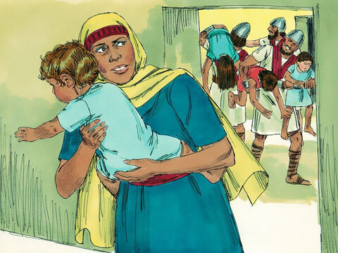 No entanto, um dos netos, uma criança de um ano chamada Joás, escapou dos assassinatos. Sua tia, Jeoseba, esposa do sacerdote Joiada, salvou Joás mantendo-o escondido em uma das salas do Templo por seis anos. – Slide número 2