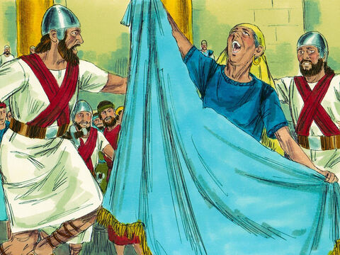 Ao ouvir o barulho, Atalia correu para o Templo. Quando ela viu Joás, ela rasgou suas roupas e gritou: “Traição!”. Os soldados receberam ordens de conduzi-la para fora do Templo para ser executada. – Slide número 4