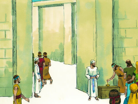 Finalmente, Joás decidiu que precisava fazer algo, então ele colocou uma grande caixa perto do portão do Templo. Quando as pessoas vinham oferecer sacrifícios, eram incentivadas a colocar sua dádiva em dinheiro na caixa. – Slide número 8