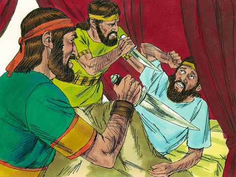 Mais tarde, naquele ano, o exército sírio atacou Judá e Jerusalém. O rei Joás foi ferido na batalha. Enquanto se recuperava de seus ferimentos na cama, ele foi assassinado por dois homens que haviam sido amigos de Zacarias. – Slide número 12