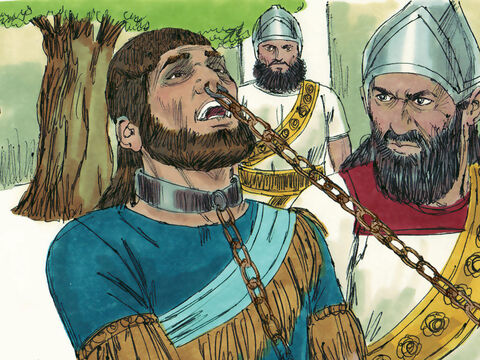 Os assírios colocaram um gancho no nariz de Manassés e o levaram até a Assíria. – Slide número 13