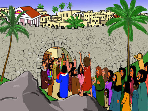Assim, Jesus entrou em Jericó com Bartimeu agradecendo e louvando a Deus porque ele agora podia ver. – Slide número 26