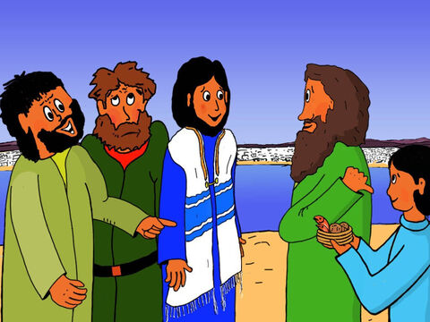 – Jesus, aqui está um menino com cinco pães e dois peixinhos, mas como isso seria suficiente para tantos? – André perguntou. – Slide número 16