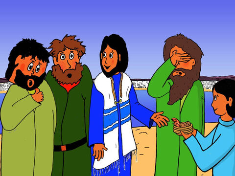 Jesus virou-se para Seus discípulos e disse:<br/>– Façam todos se sentarem na grama em grupos de cinquenta. – Slide número 18