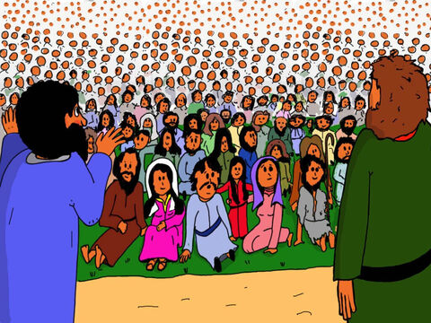 Os discípulos começaram a organizar as pessoas em grupos menores. Todos esperavam. O que aconteceria? Eles estavam com tanta fome! – Slide número 19