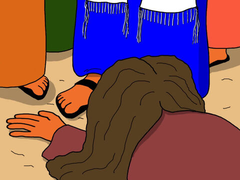 A mulher chorou e caiu aos pés de Jesus.<br/>– Fui eu que o toquei! – ela confessou. – Slide número 16