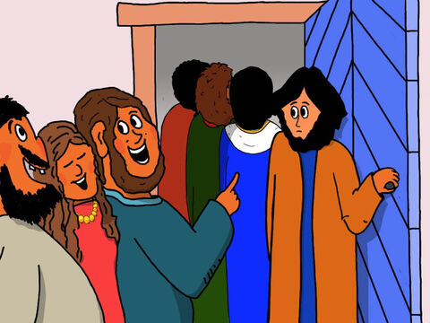 Jesus colocou todos os que riam para fora da casa. Somente Jairo, a mãe da garota e os discípulos Pedro, Tiago e João foram autorizados a ficar ali dentro. – Slide número 23