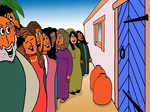 Do lado de fora da casa, aqueles que haviam zombado e rido de Jesus esperavam para saber o que havia acontecido. – Slide número 30