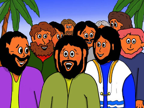 Assim, Jesus e Seus discípulos saíram da cidade de Cafarnaum a caminho de Nazaré. Todos estavam muito felizes! – Slide número 33