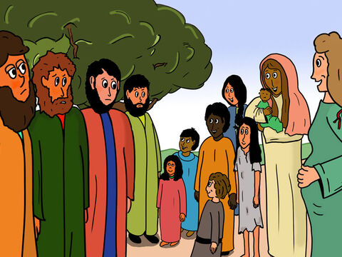 – Parem! – ordenou um dos discípulos de Jesus. – O que vocês estão fazendo?<br/>– Oh! Nós estamos indo à Jesus porque queríamos que Ele orasse abençoando nossas crianças, – as mães responderam. – Slide número 4