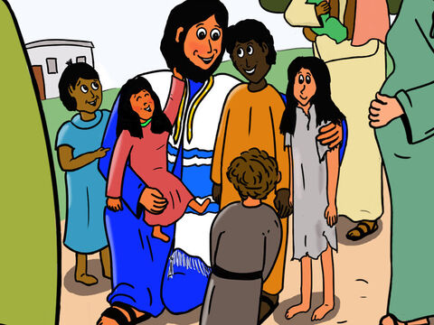 – Deixem que as crianças venham Me ver. – disse Jesus. As mamães e seus filhos ficaram tão felizes. – Slide número 12