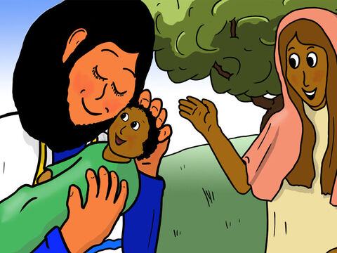 Até mesmo os bebezinhos se alegraram quando Jesus os abençoou, e suas mães ficaram muito felizes. – Slide número 16