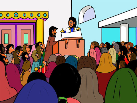 Mas quando Jesus vinha ao templo, grandes multidões se reuniam para ouvi-lo. – Slide número 4